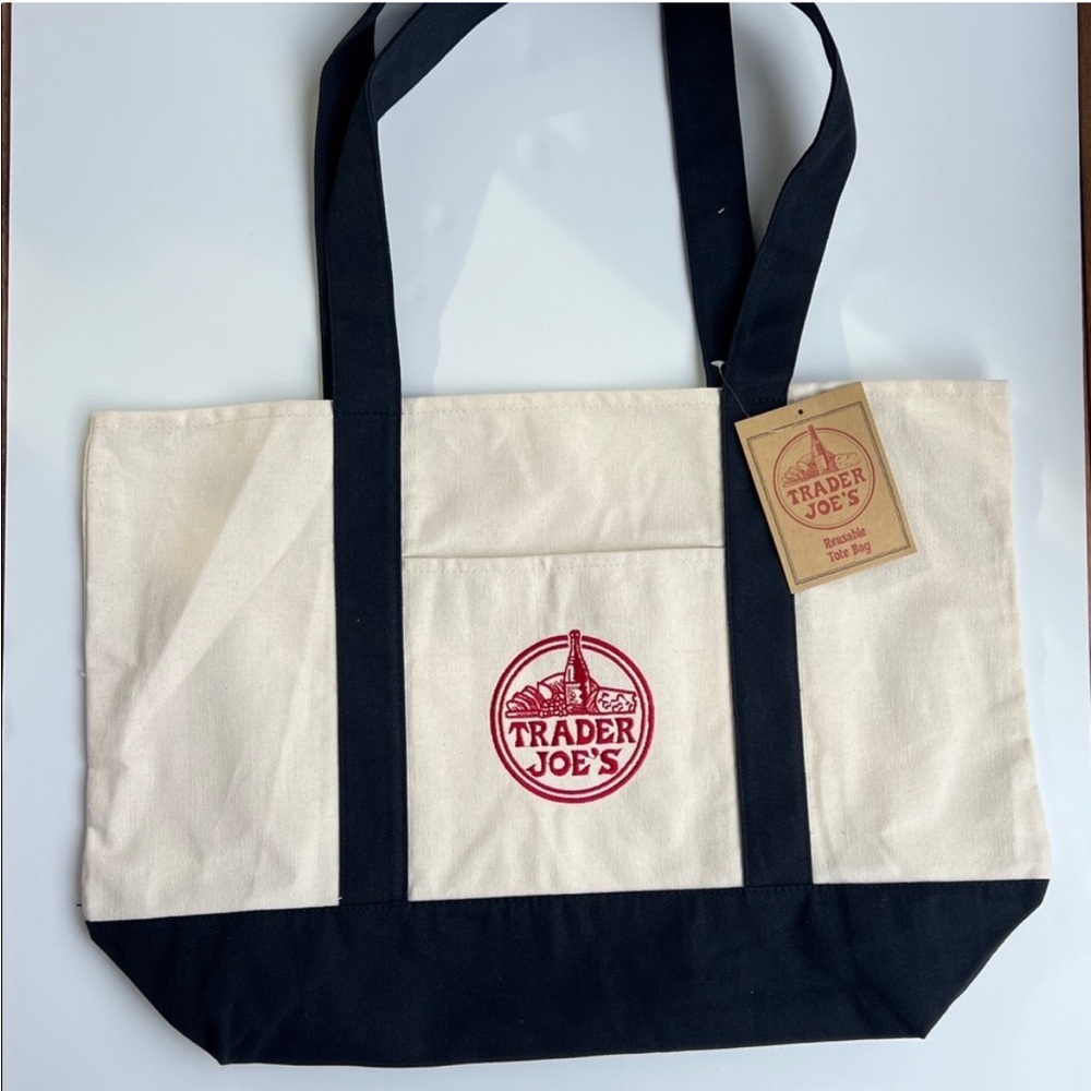 Trader Joe's Large Heavy Duty Canvas Tote Bag - Navy & Cream